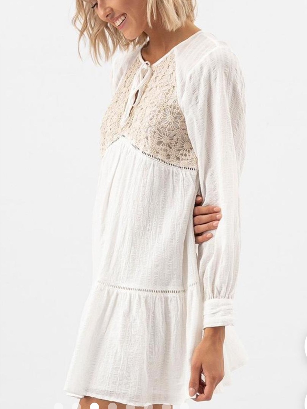 Zara Boho Lace Yoke Long Sleeve White Dress -NWT, Size Medium, Bought in Europe